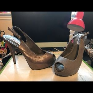 Silver peep toe heels